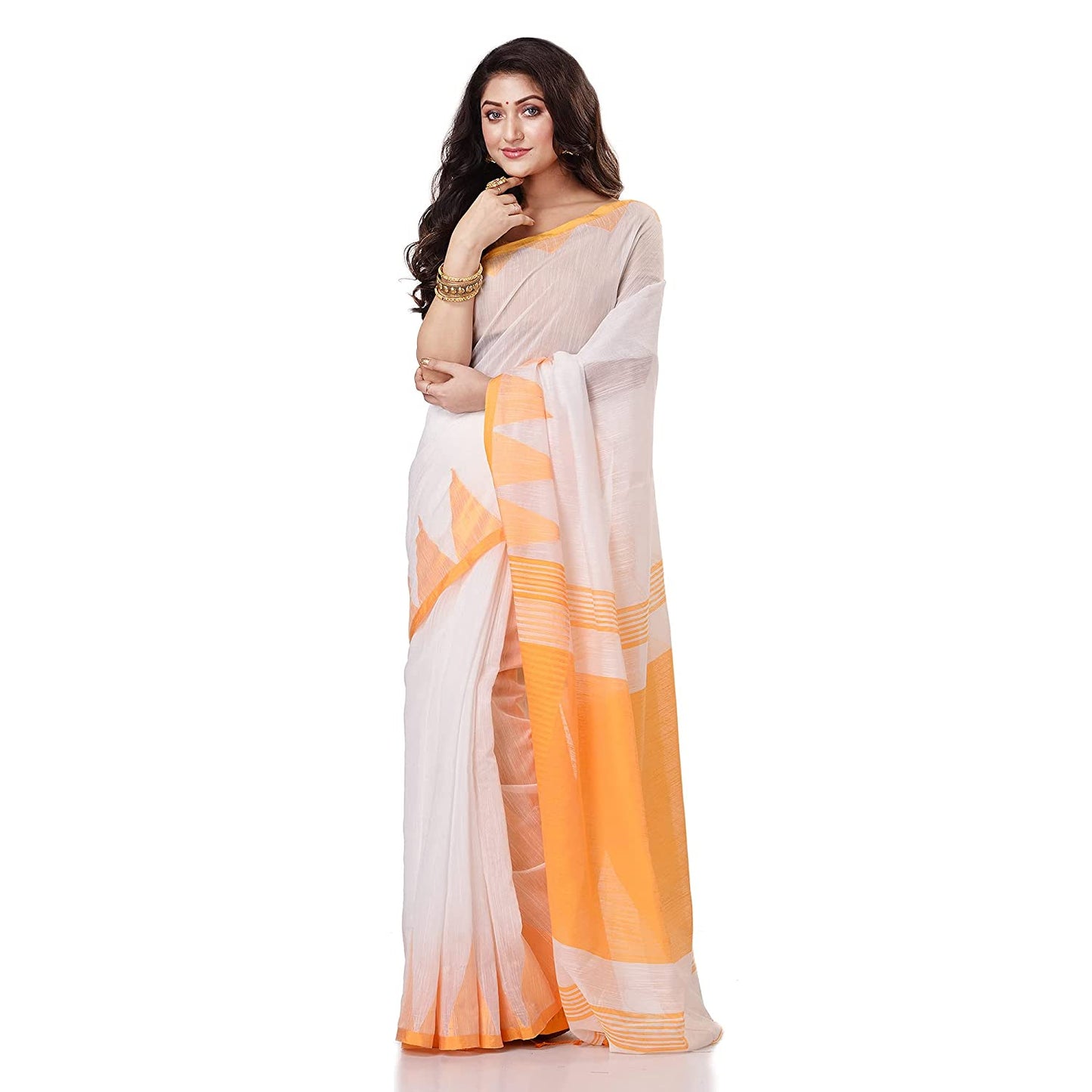 Desh Bidesh Women's Traditional Bengali Handloom Tant Pure Cotton Saree Khadi Temple Par Designed With Blouse Piece | Swadesiicart