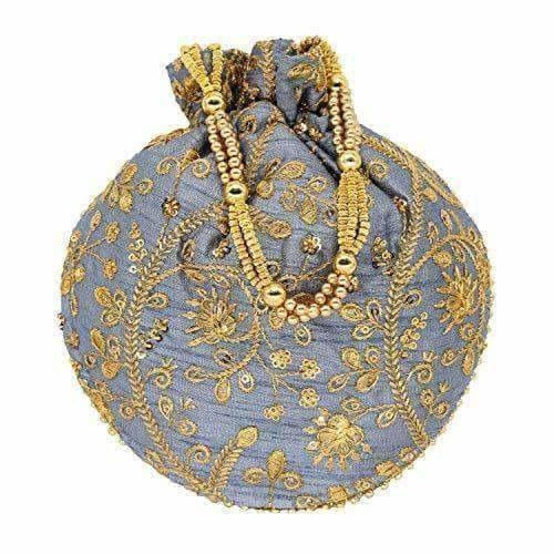Ethnic Clutch Silk Potli Batwa Pouch Bag with Metal Bead work Gift - Swadesiicart