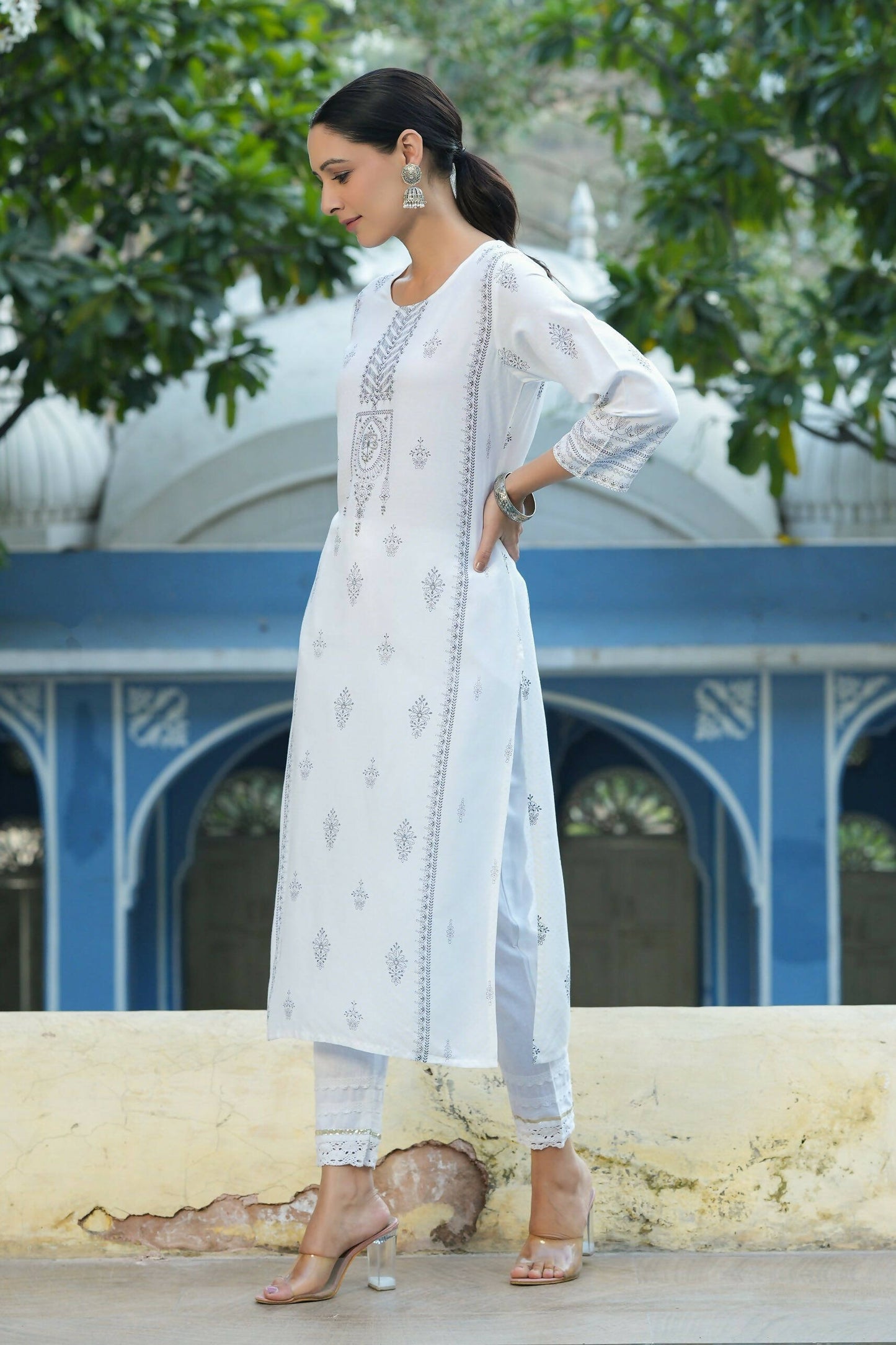 Juniper Women's White Rayon Placement Printed Straight Kurta | Swadesiicart
