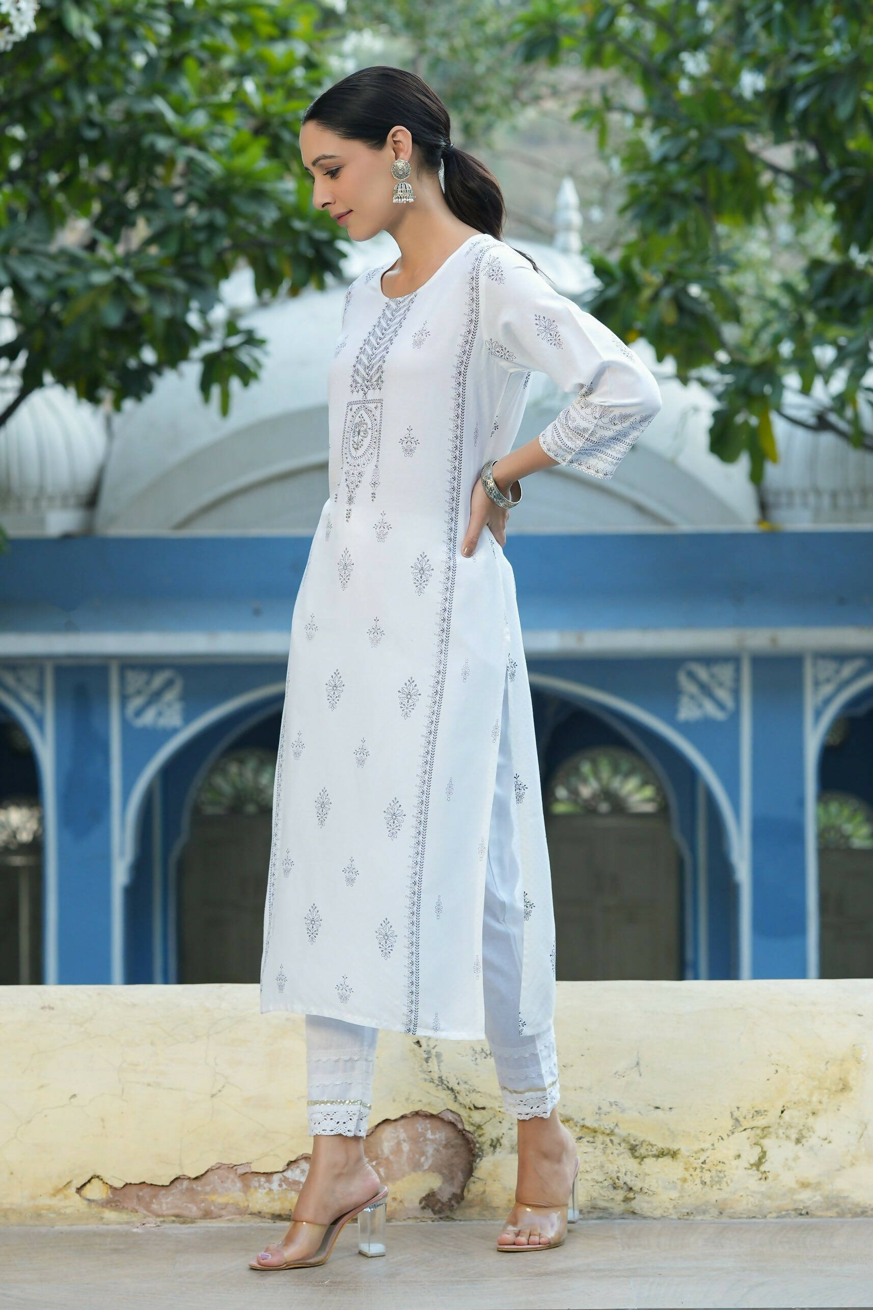 Juniper Women's White Rayon Placement Printed Straight Kurta | Swadesiicart