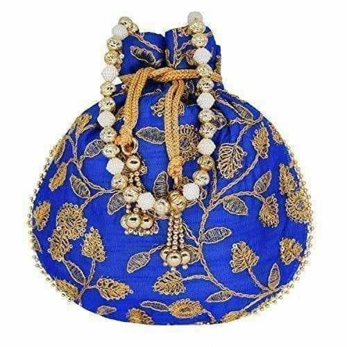 Ethnic Silk Potli bag Clutch Batwa Pouch with Embroidery and Metal Bead work Gift For Women - Swadesiicart