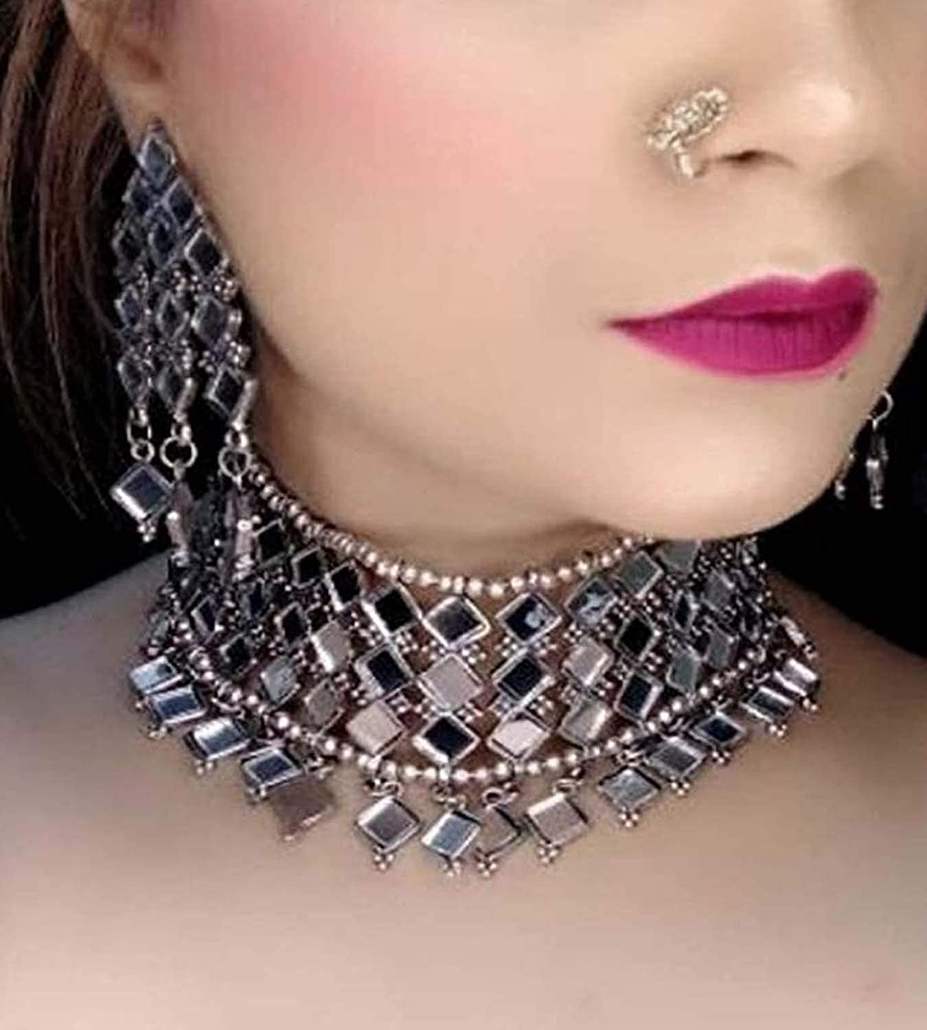 Silver-Plated Alloy Kundan Studded Oxidised Choker Necklace - The Pari | Swadesiicart