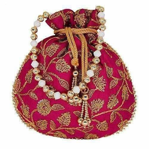 Ethnic Silk Potli bag Clutch Batwa Pouch with Embroidery and Metal Bead work Gift For Women - Swadesiicart