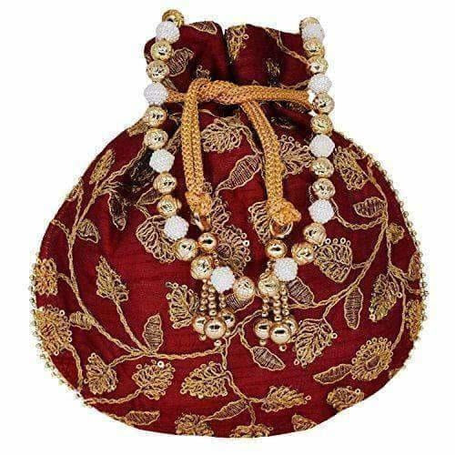 Ethnic Silk Potli bag Clutch Batwa Pouch with Embroidery and Metal Bead work Gift For Women - Swadesiicart