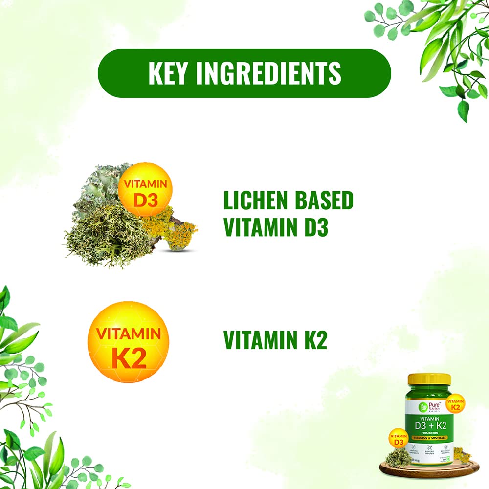 Pure Nutrition Vitamin D3 + K2 from Lichen Veg Tablets - Swadesiicart