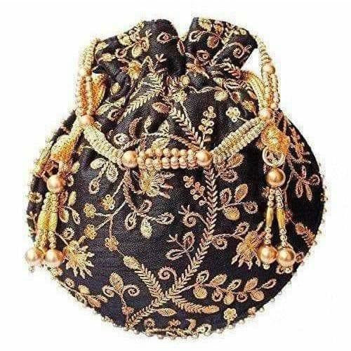 Ethnic Clutch Silk Potli Batwa Pouch Bag with Metal Bead work Gift - Swadesiicart