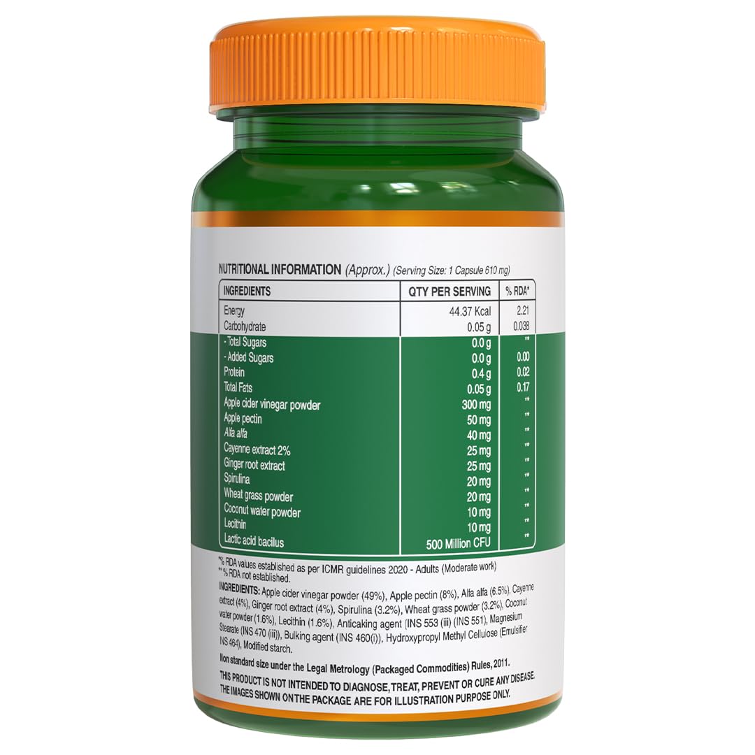 Pure Nutrition Apple Cider Vinegar with Wheat Grass & Spirulina Veg Capsules - Swadesiicart