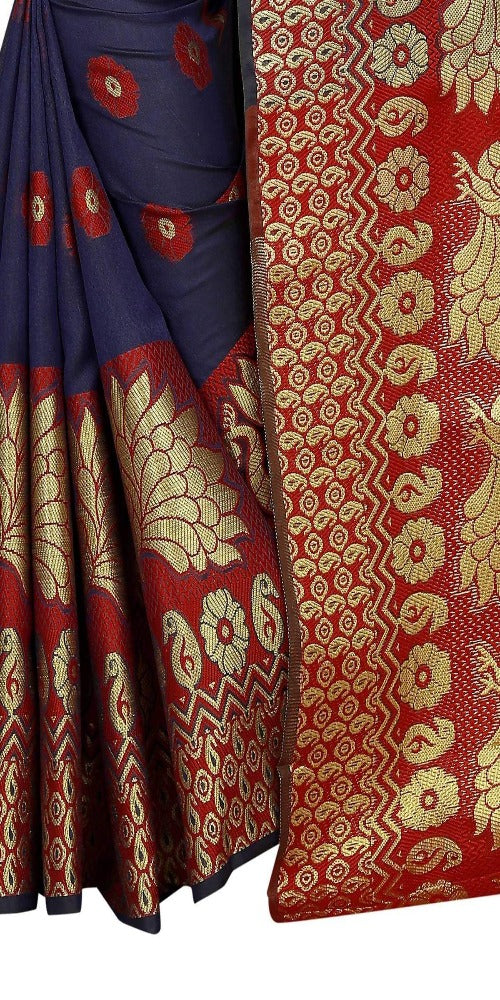 Vamika Banarasi Cotton Silk Navy Blue & Red Weaving Saree | Swadesiicart