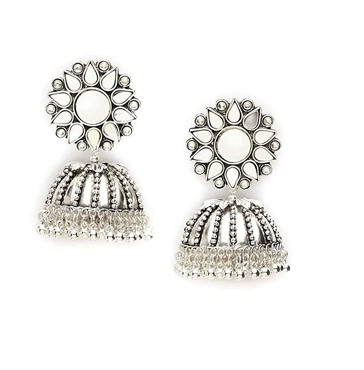 Rhodium-Plated Alloy Round Mirror Studded Jhumki Earrings - The Pari - The Pari - Dinesh Associates