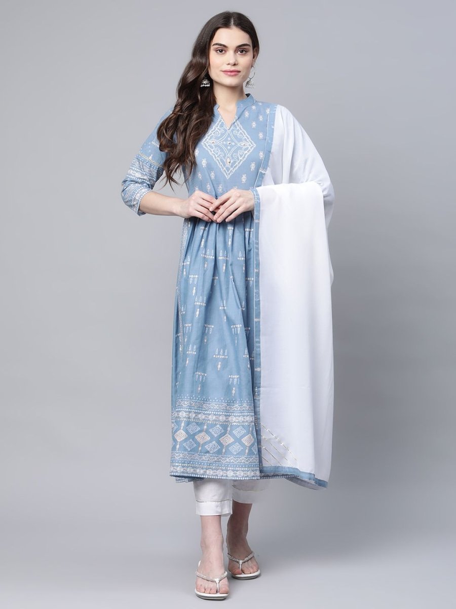 Ahalyaa Women Pastel Blue Pure Cotton Printed Kurta Pant Set With Dupatta | Swadesiicart