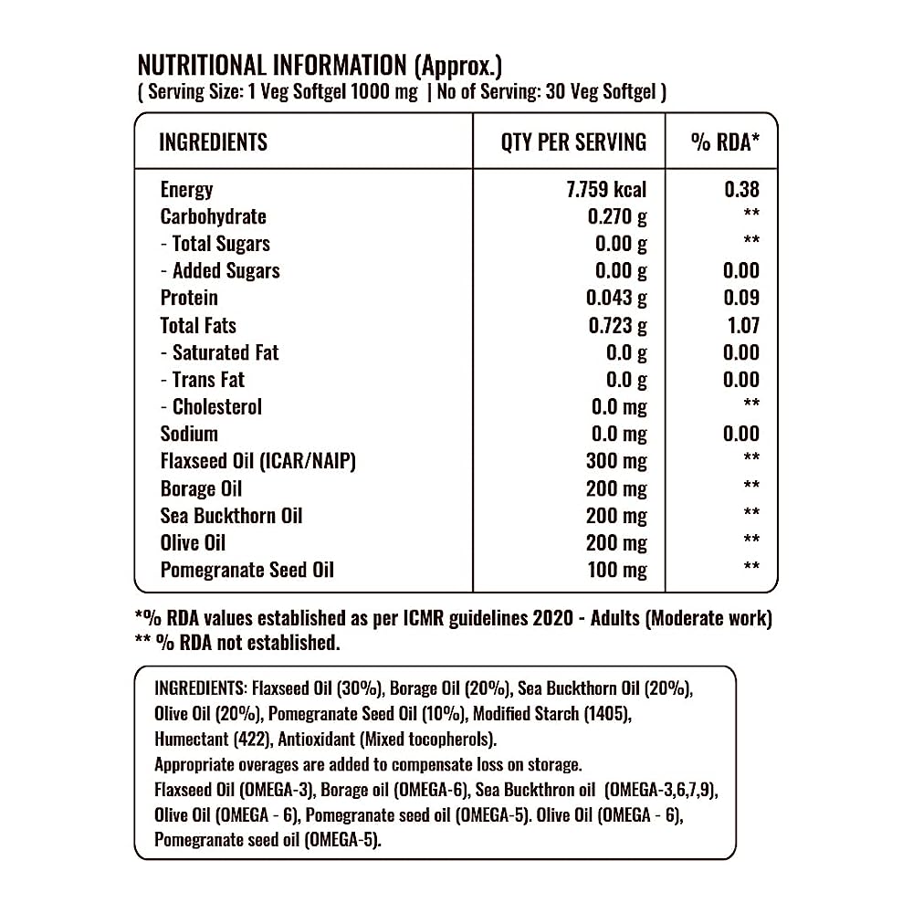 Pure Nutrition Omega 3-5-6-7-9 (1000mg) with Seabuckthorn & Flaxseed Oil Softgels - Swadesiicart