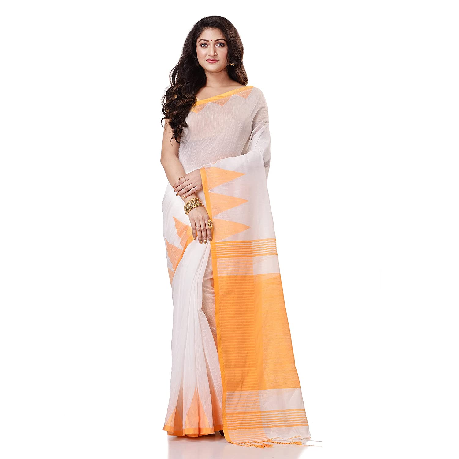 Desh Bidesh Women's Traditional Bengali Handloom Tant Pure Cotton Saree Khadi Temple Par Designed With Blouse Piece | Swadesiicart