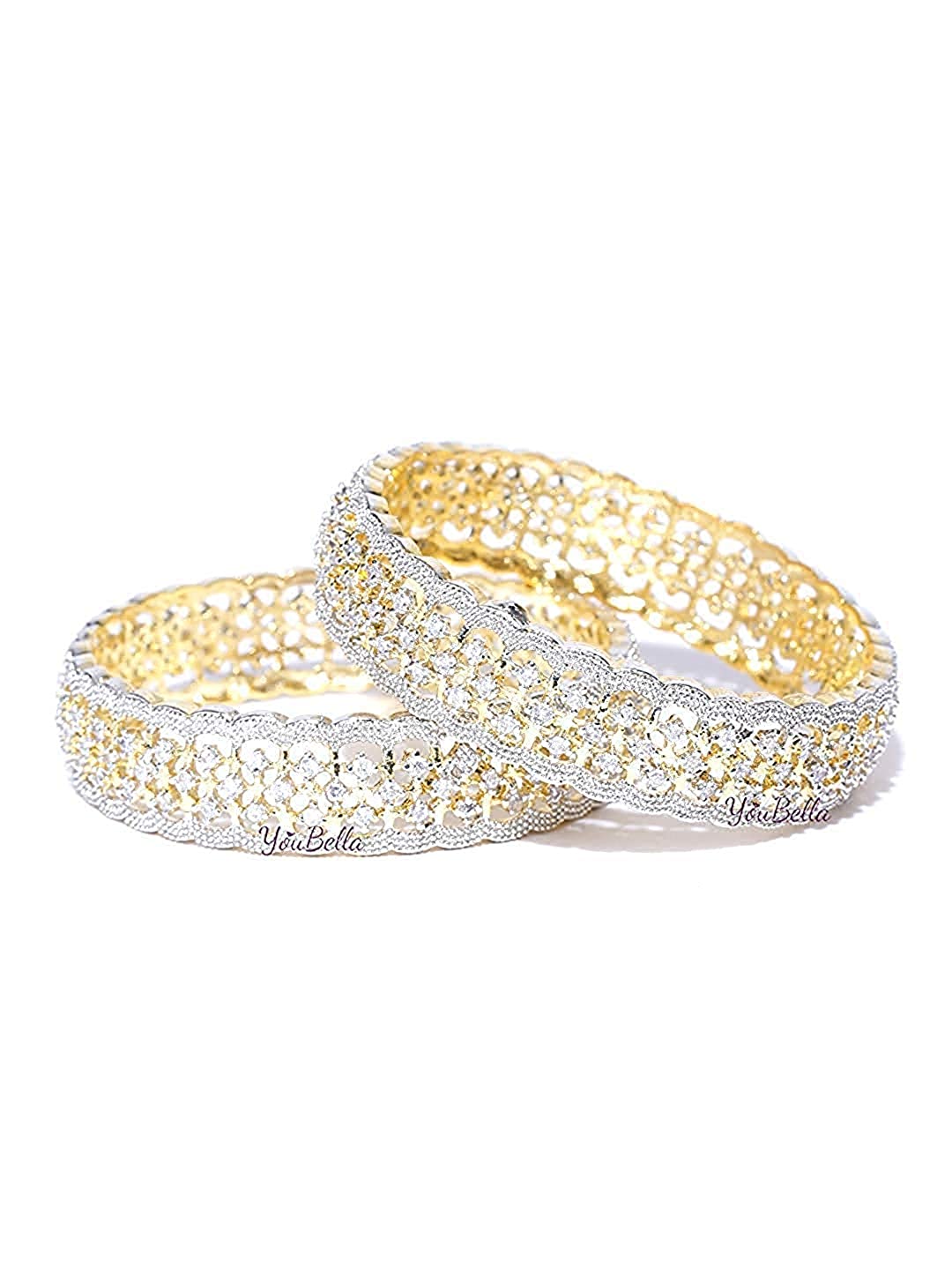 Gold-Polished Alloy American Diamond Broad Bangle Set - The Pari - Swadesiicart