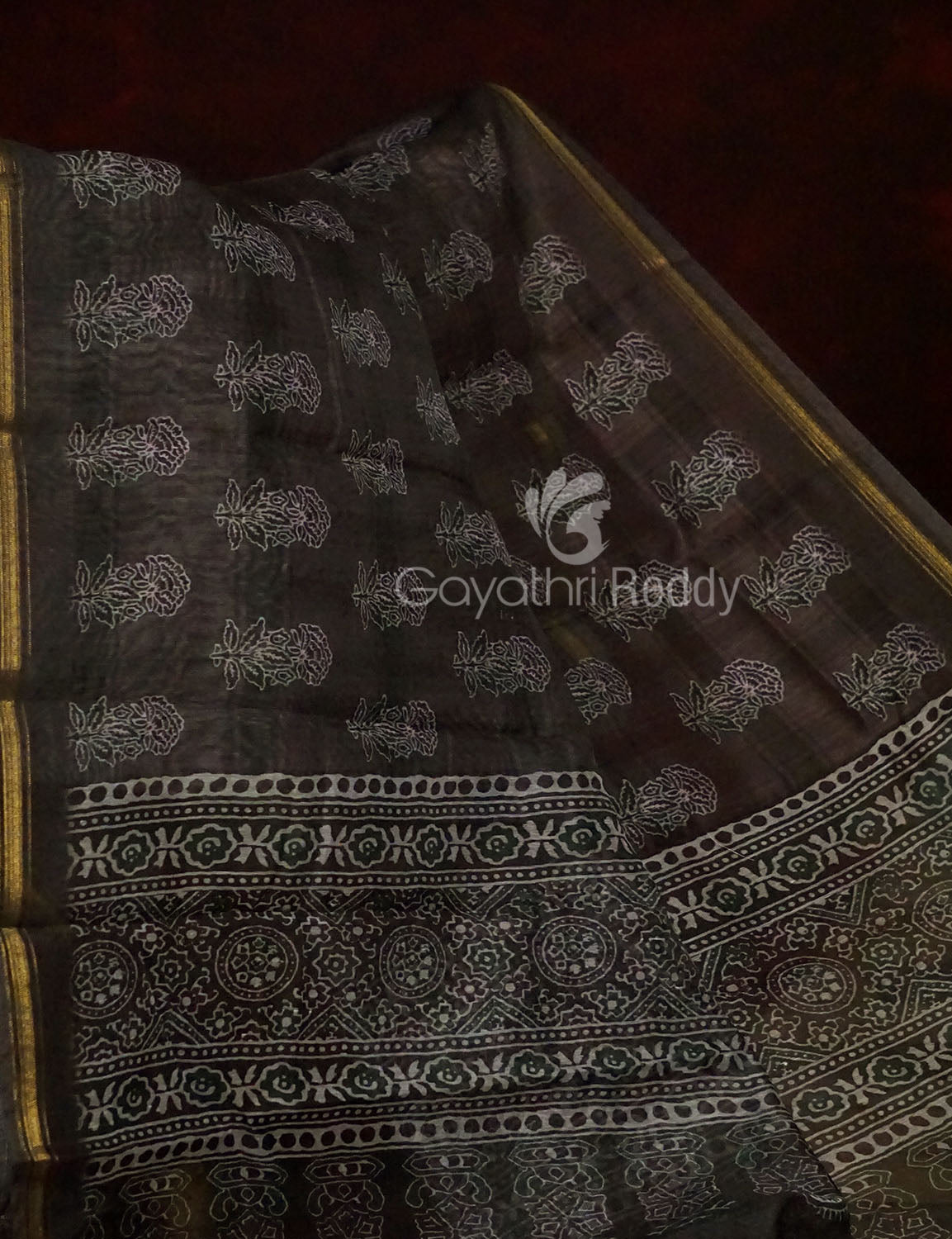Slate Black And Grey Colour Print Design Semi Chanderi Saree By Gayathri Reddy Designer Studio | Swadesiicart