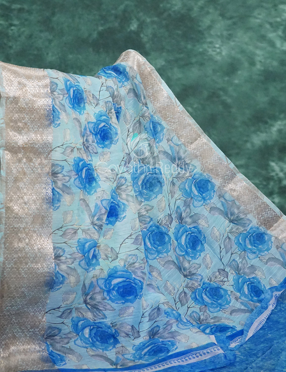 Powder Blue And Dark Blue Coloured Floral Print Semi Chanderi Saree By Gayathri Reddy Designer Studio | Swadesiicart