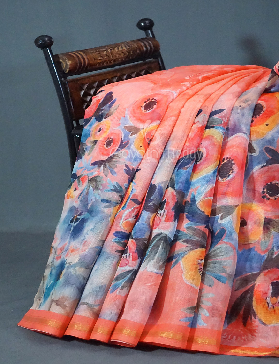 Shades of Tomato Pink Floral Print Semi Chanderi Saree By Gayathri Reddy Designer Studio | Swadesiicart