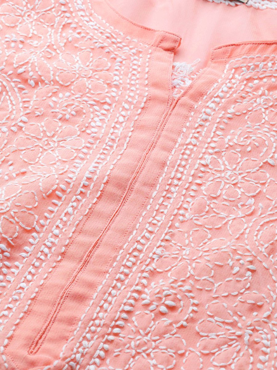 ADA Ada Women Plus Size Peach-Coloured & White Ethnic Motifs Chikankari Georgette Handloom Kurta | Swadesiicart