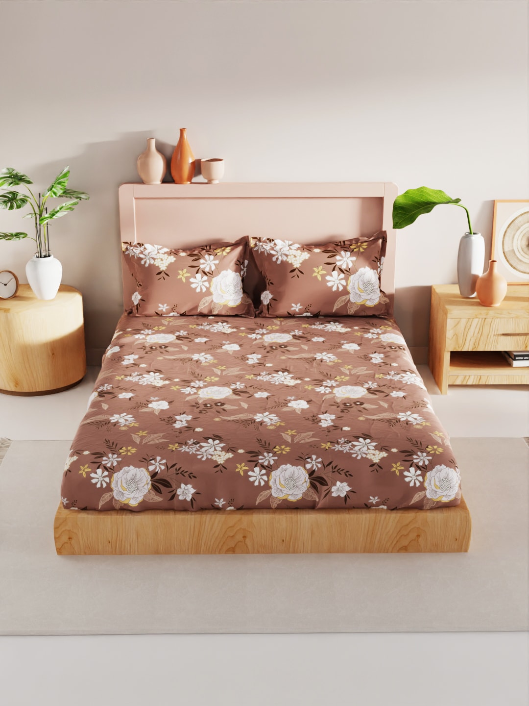 BIANCA Brown & White Floral 186 TC King Bedsheet with 2 Pillow Covers - Swadesiicart