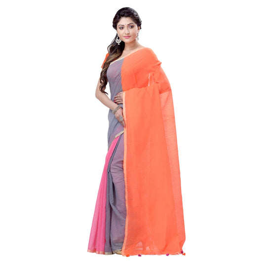 Desh Bidesh Women's Bengal Khadi Ghicha Handloom Cotton Silk Saree With Blouse Piece (Orange Grey Pink) | Swadesiicart