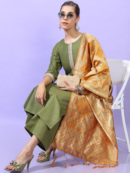 Vishudh Women Green Panelled Kurta with Trousers & With Dupatta - Swadesiicart