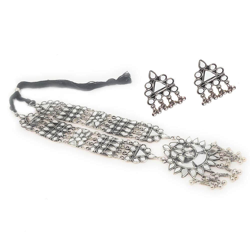 Silver-Plated Alloy Long Kundan Studded Silver Oxidised Necklace - The Pari | Swadesiicart