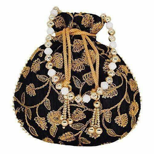 Ethnic Silk Potli bag Clutch Batwa Pouch with Embroidery and Metal Bead work Gift For Women - Swadesiicart