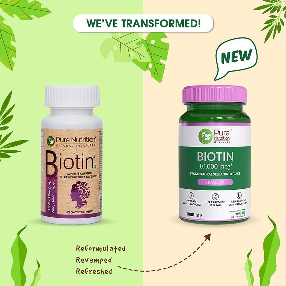 Pure Nutrition Biotin 10,000mcg from Natural Sesbania Extract Veg Tablets - Swadesiicart
