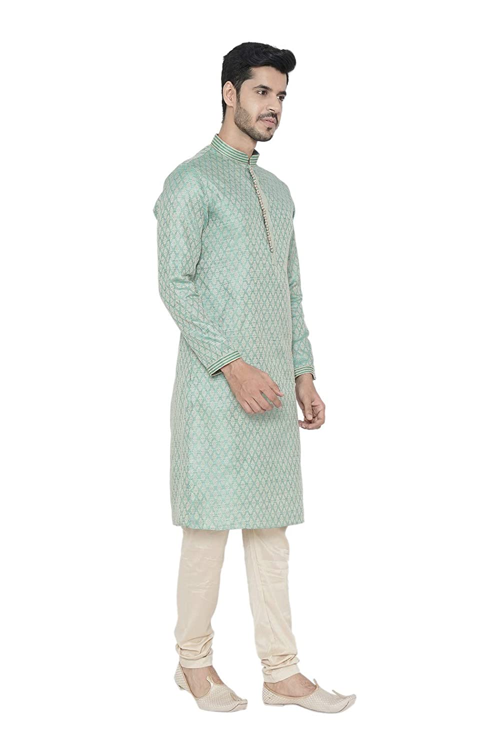 Manyavar Firoz Green Knee Long Full Sleeves Kurta and Payjama Set For Men | Swadesiicart