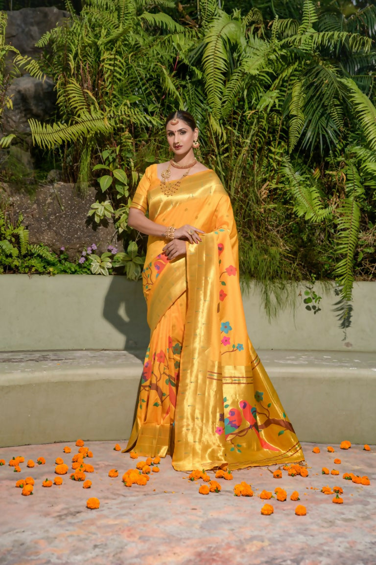 Jyoti Fashion Women's Yellow Paithani Silk Zari Woven Saree with Blouse | Swadesiicart