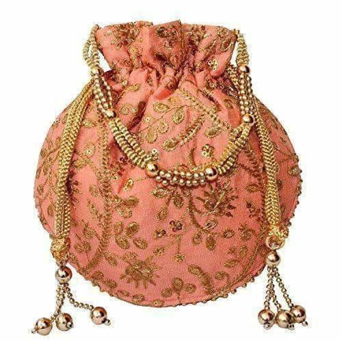 Ethnic Clutch Silk Potli Batwa Pouch Bag with Metal Bead work Gift - Swadesiicart