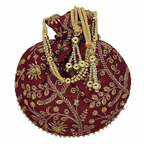 Ethnic Clutch Silk Potli Batwa Pouch Bag with Metal Bead work Gift - Swadesiicart