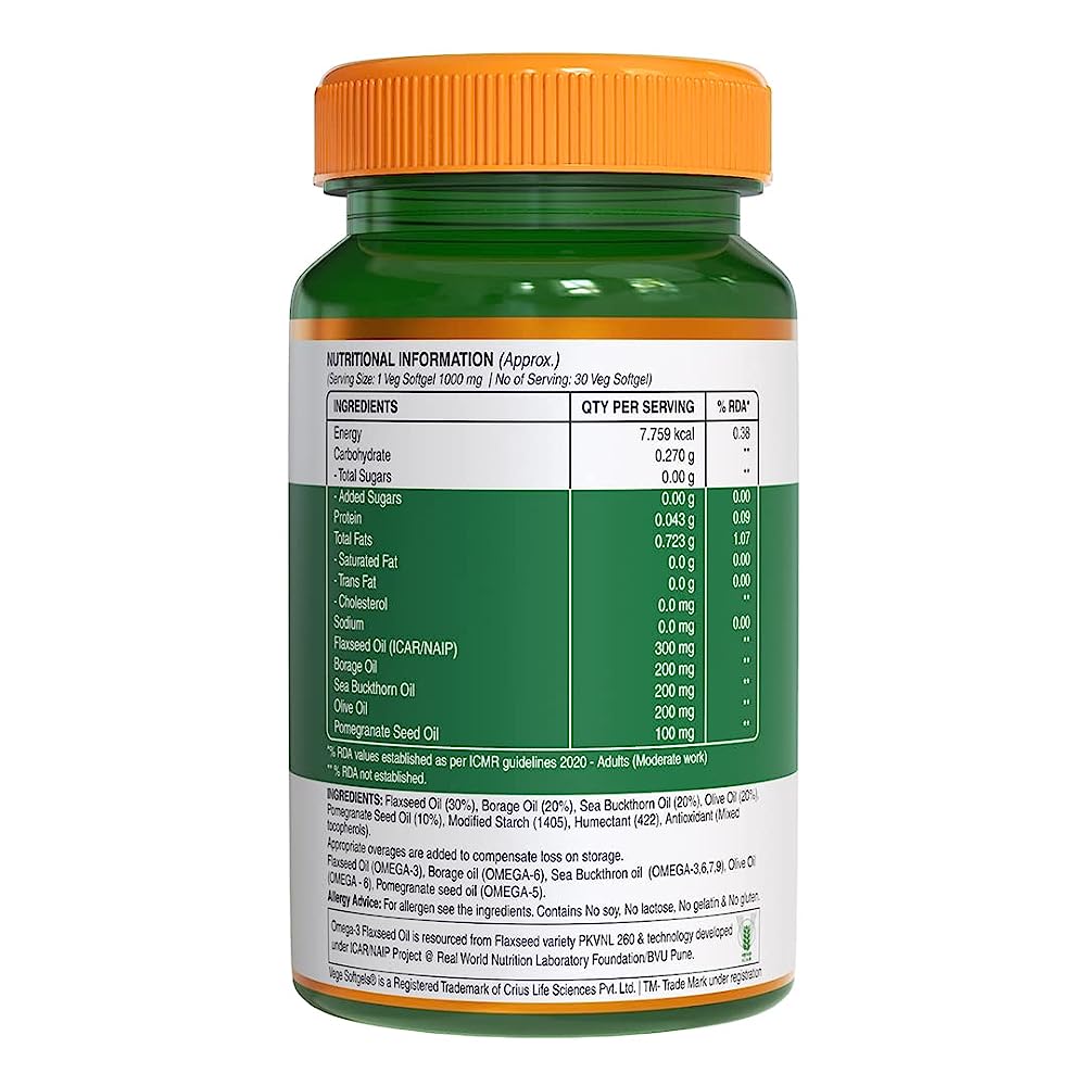 Pure Nutrition Omega 3-5-6-7-9 (1000mg) with Seabuckthorn & Flaxseed Oil Softgels - Swadesiicart