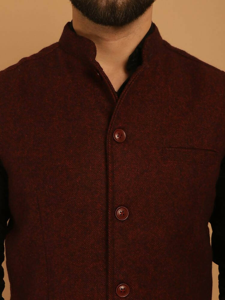 Even Apparels Pure Wool Nehru Jacket - Maroon | Swadesiicart