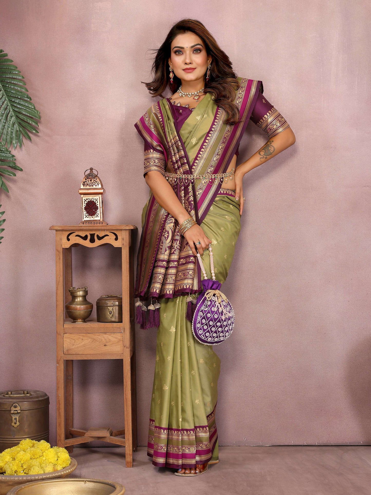 Aastha Fashion Mehndi Kalamkari Silk Weaving Saree