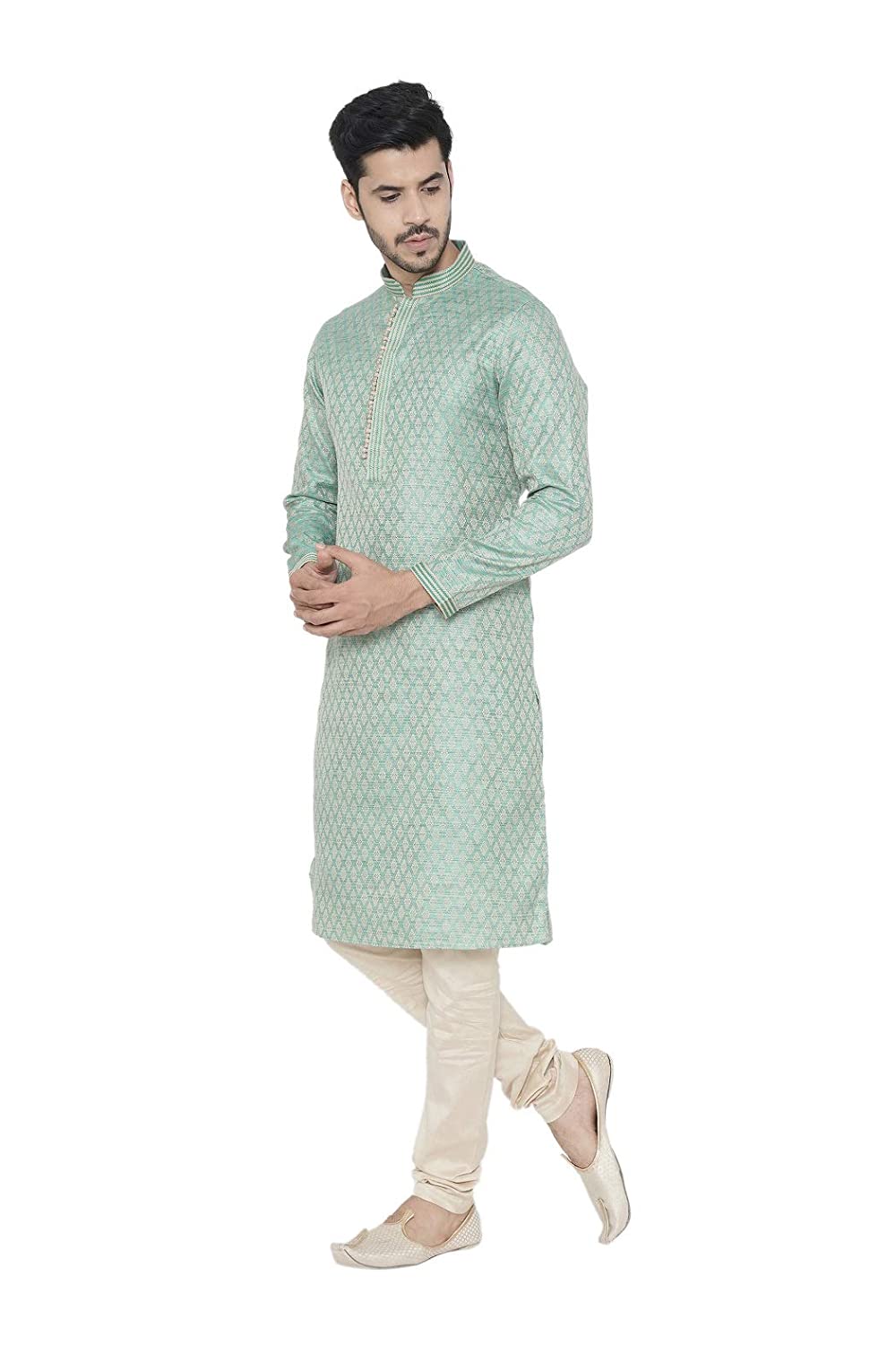 Manyavar Firoz Green Knee Long Full Sleeves Kurta and Payjama Set For Men | Swadesiicart
