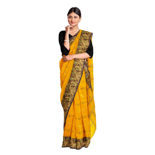 Exclusive Collection 100% Pure Cotton Yellow Tant Saree With Hand Weaving Work - Swadesiicart