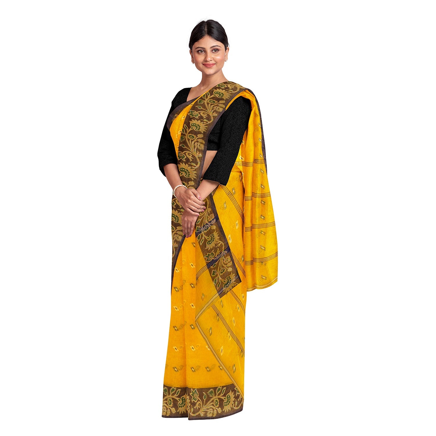 Exclusive Collection 100% Pure Cotton Yellow Tant Saree With Hand Weaving Work - Swadesiicart