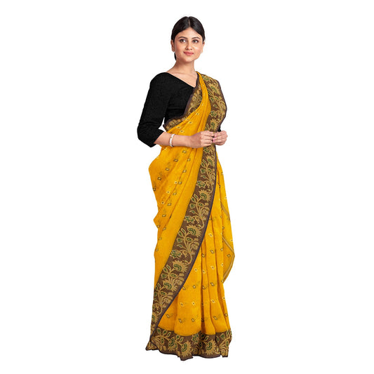 Exclusive Collection 100% Pure Cotton Yellow Tant Saree With Hand Weaving Work - Swadesiicart