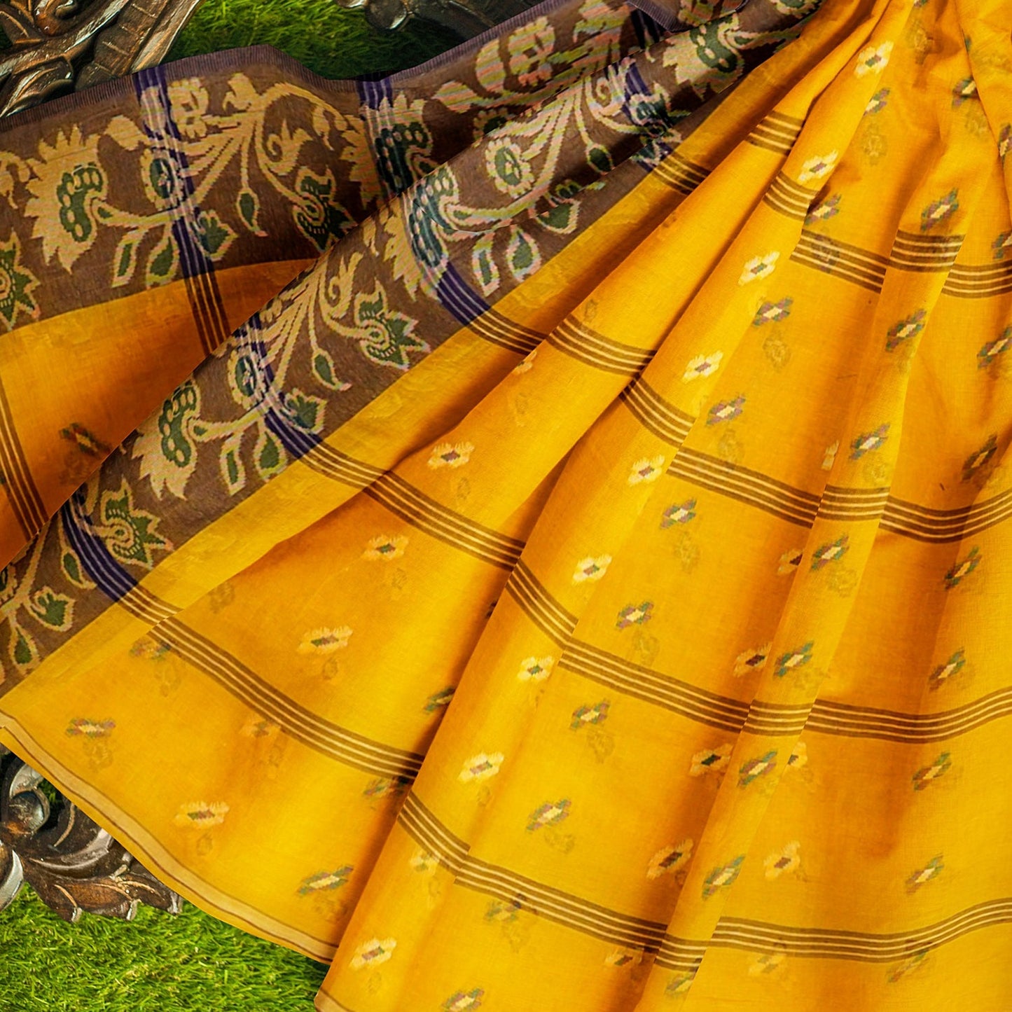 Exclusive Collection 100% Pure Cotton Yellow Tant Saree With Hand Weaving Work - Swadesiicart