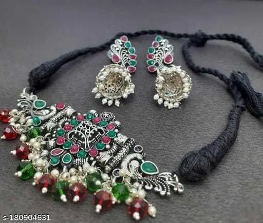 Tehzeeb Creations Women's Oxidised Multi Colour Meenakari Necklace Set - Swadesiicart