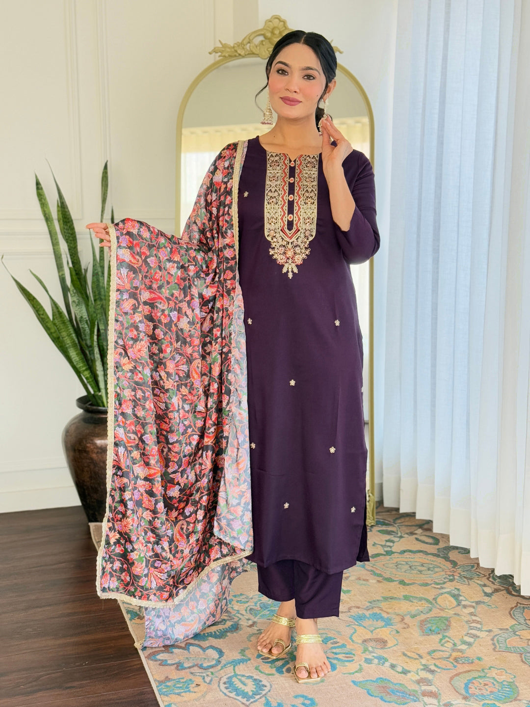 The52 Women's Rayon Embroidery work Straight Kurta with Pant and Dupatta Set - Swadesiicart