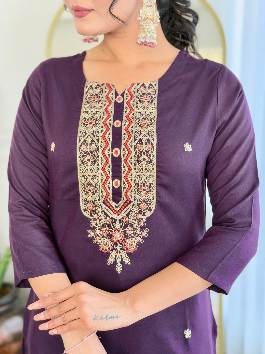 The52 Women's Rayon Embroidery work Straight Kurta with Pant and Dupatta Set - Swadesiicart