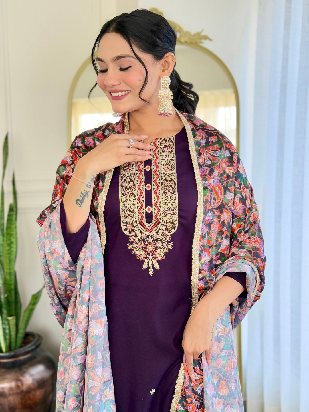The52 Women's Rayon Embroidery work Straight Kurta with Pant and Dupatta Set - Swadesiicart
