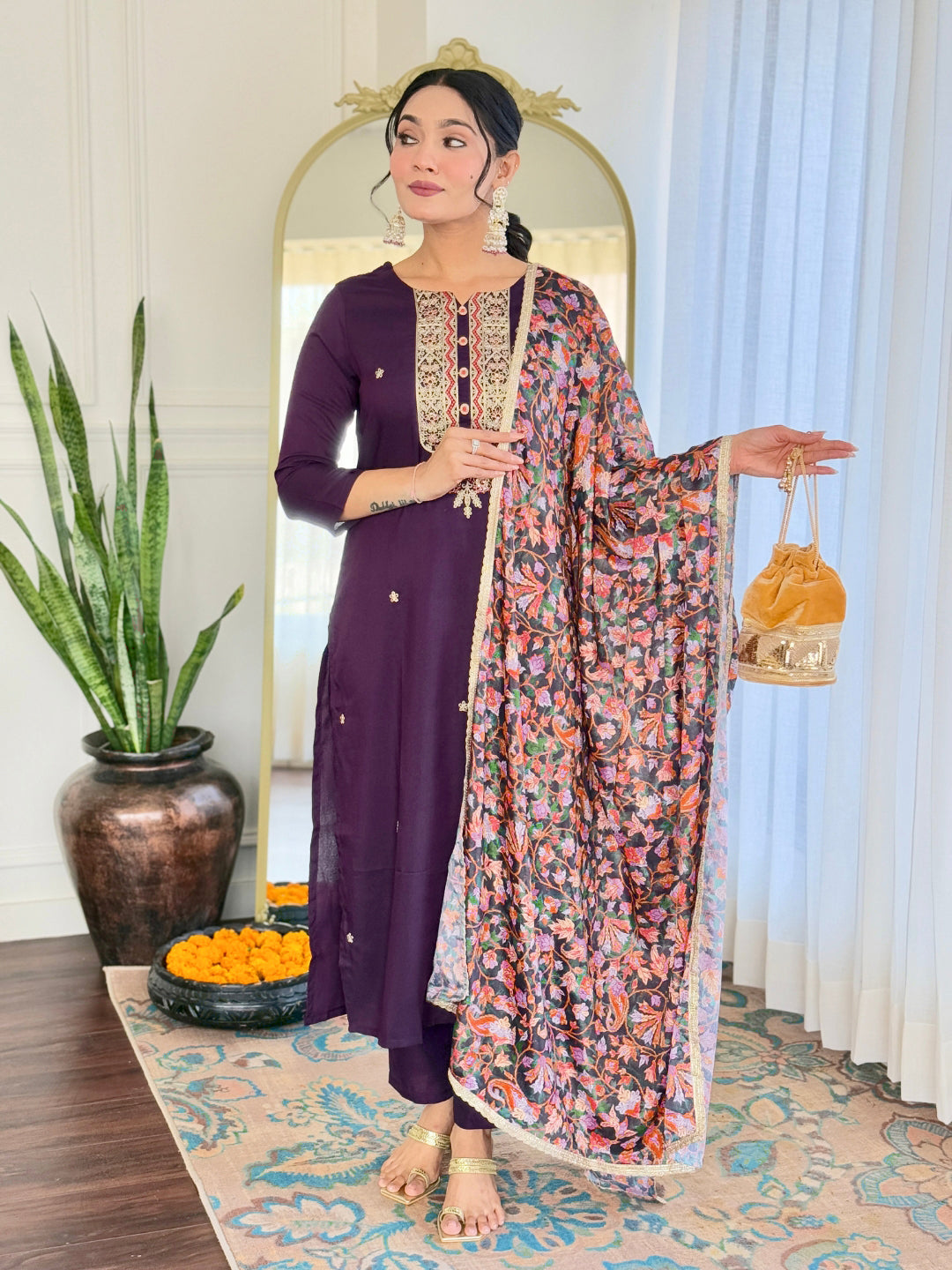 The52 Women's Rayon Embroidery work Straight Kurta with Pant and Dupatta Set - Swadesiicart
