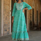 Juniper Women's Green Printed Embroidered Mirror Work Sequin Cotton Flared Dress | Swadesiicart