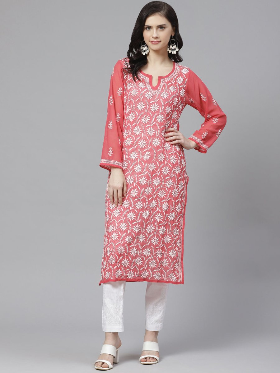 ADA Women Pink & White Chikankari Embroidered Sustainable Handloom Kurta with Trousers | Swadesiicart