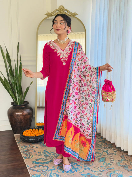 The52 Thread Work Rayon Fabric Straight Kurta, Pant and Dupatta Set - Swadesiicart