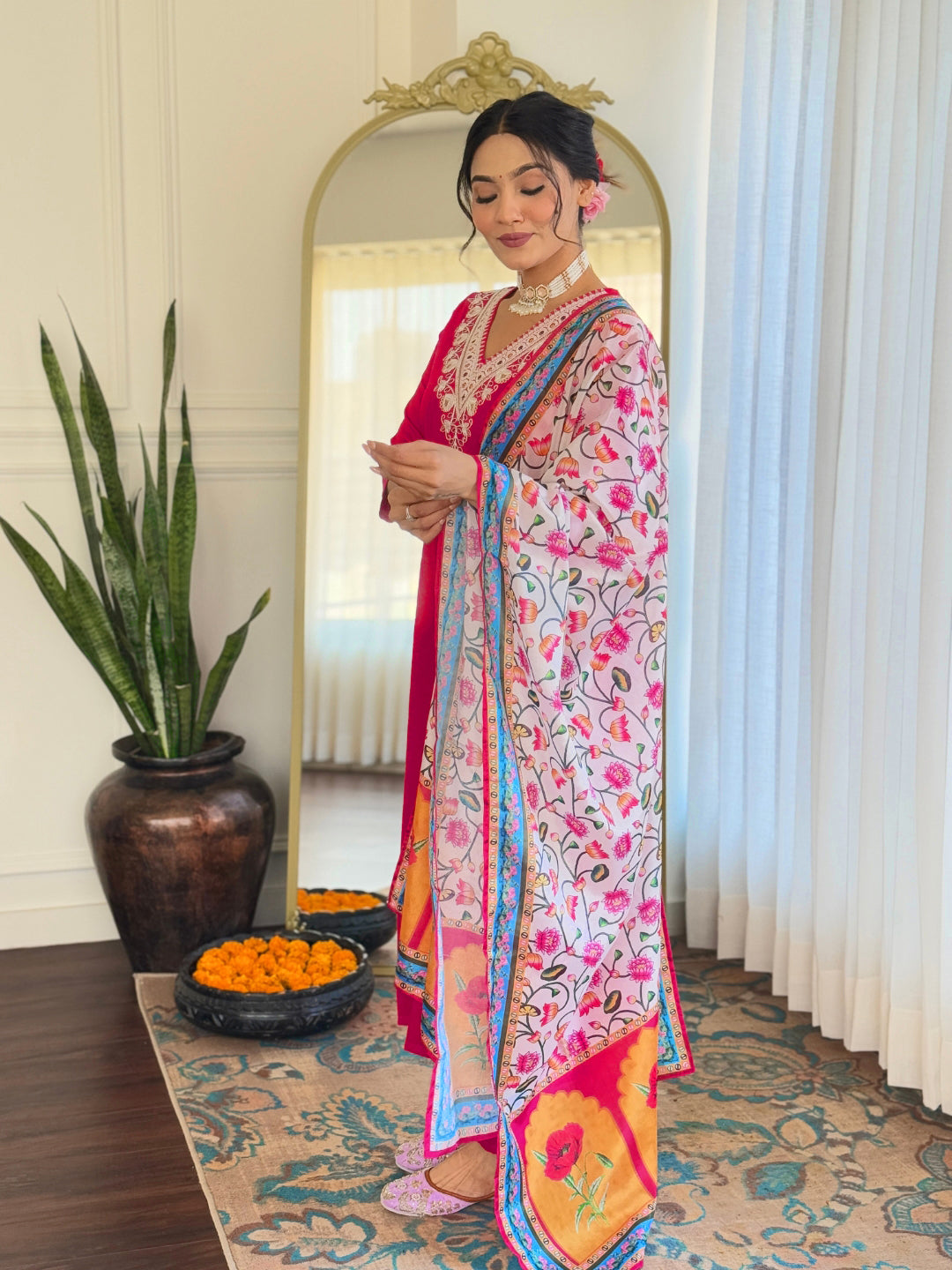 The52 Thread Work Rayon Fabric Straight Kurta, Pant and Dupatta Set - Swadesiicart