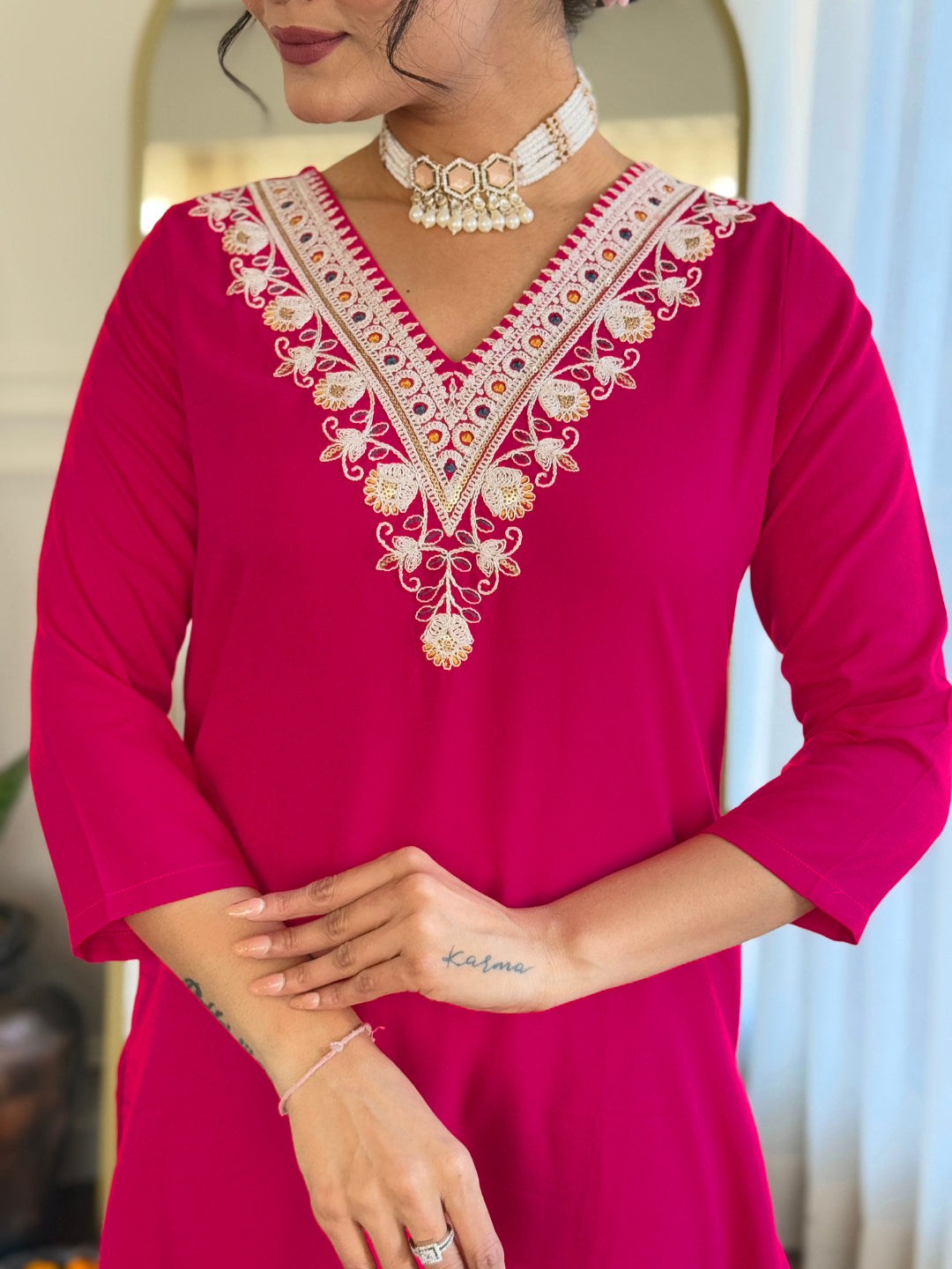 The52 Thread Work Rayon Fabric Straight Kurta, Pant and Dupatta Set - Swadesiicart