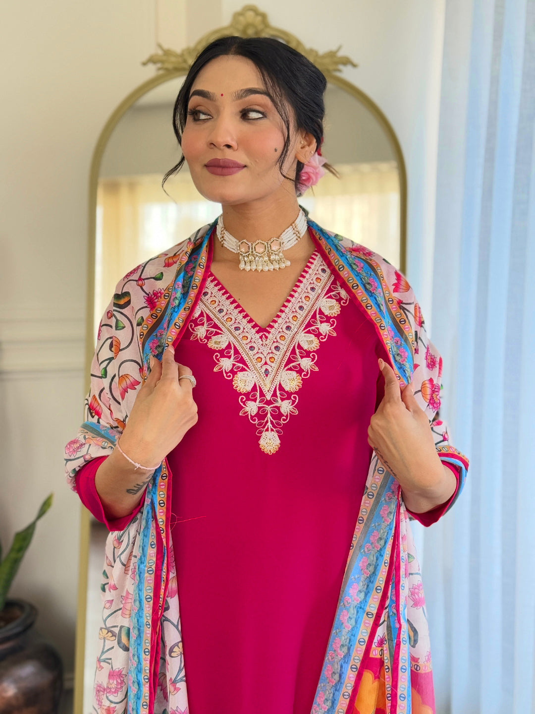 The52 Thread Work Rayon Fabric Straight Kurta, Pant and Dupatta Set - Swadesiicart